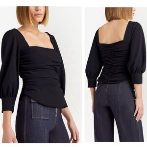 Cinq A Sept Karol Square-Neck Ruched 3/4” Puff Sleeve Crepe Top Blouse Medium